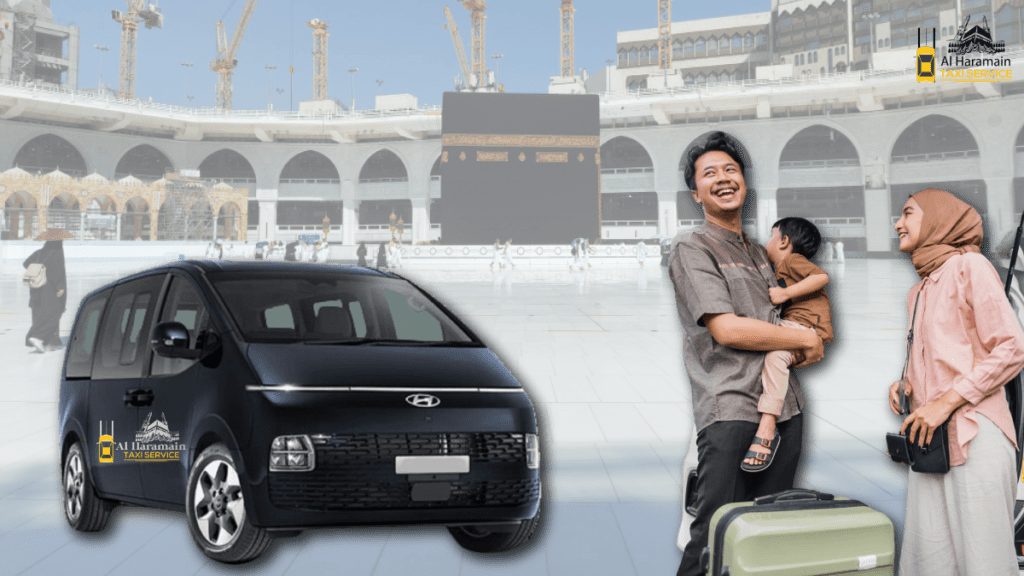Al Haramain Taxi Service van near Kaaba in Mecca for Hajj 2025 pilgrims