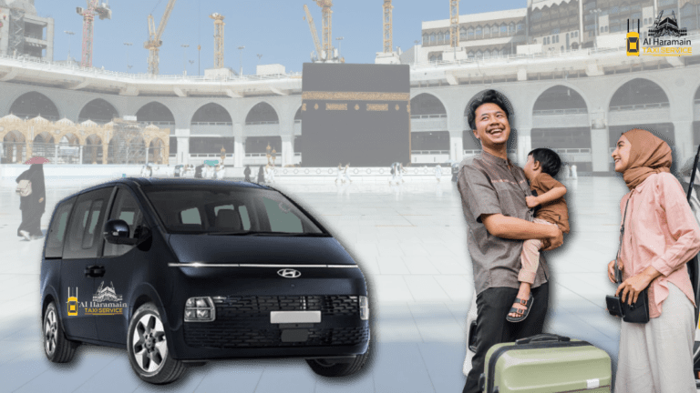 Al Haramain Taxi Service van near Kaaba in Mecca for Hajj 2025 pilgrims
