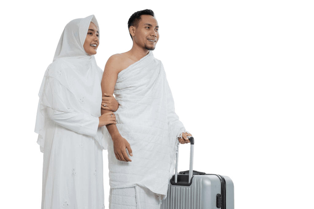 Pilgrims dressed in Ihram for their Umrah journey